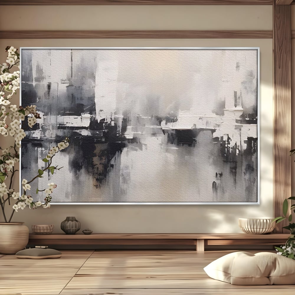 Tablou canvas cu tablou canvas cu peisaj urban abstract gri, in rama de aluminiu argintiu